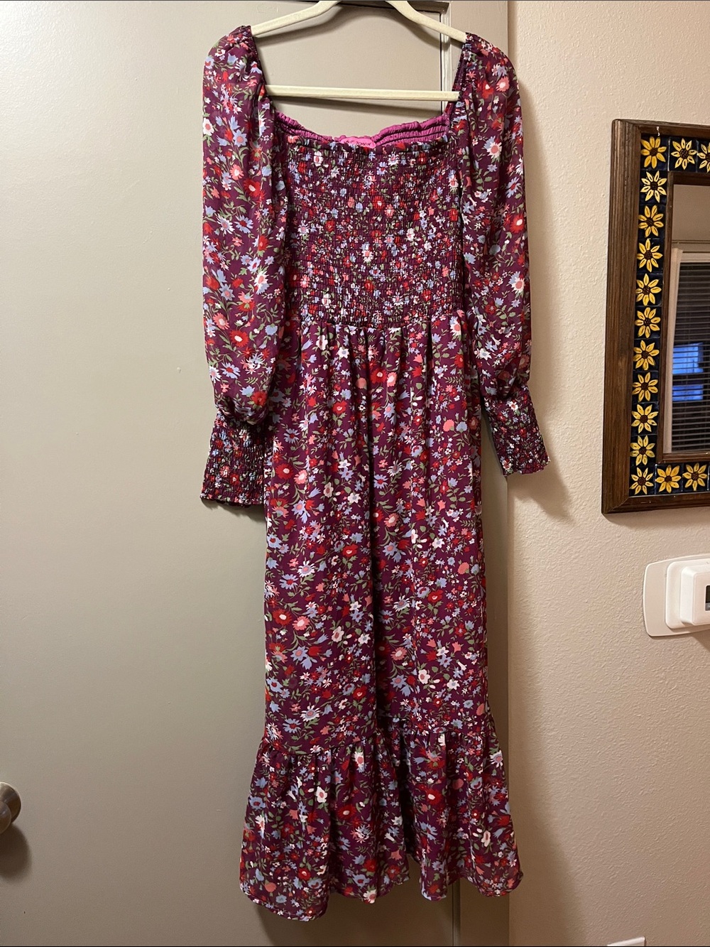 Betsey Johnson Burgundy Floral Smocked Maxi Dress with Long Sleeves